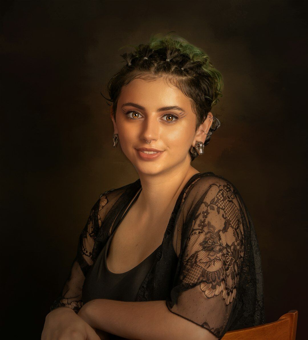 Studio portrait of an Argentine woman with short dark hair